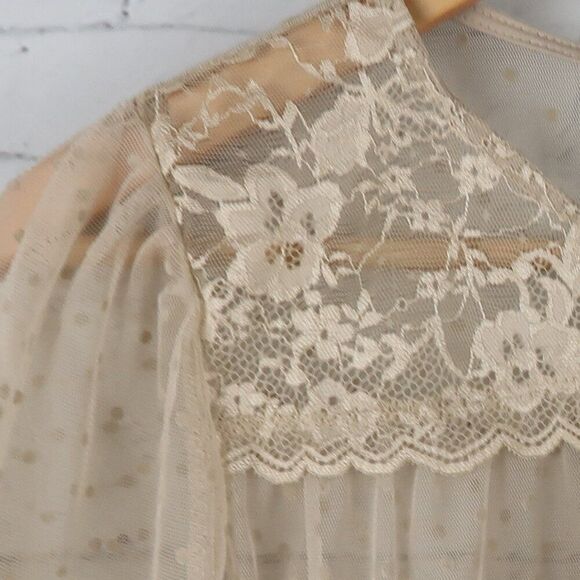 AMBIANCE TAN SHORT SLEEVE ROUND NECK SHEER TOP WITH LACE DETAIL SIZE M - Picture 5 of 9